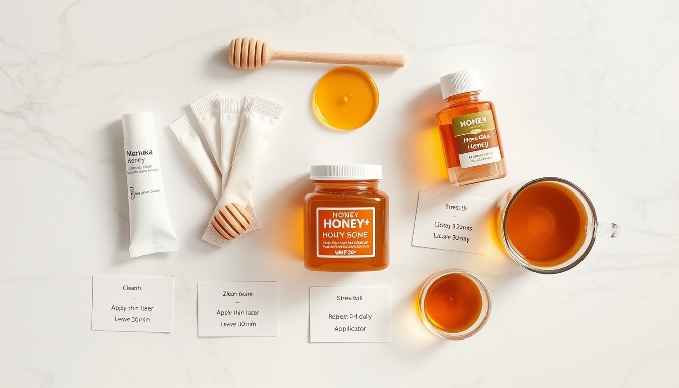 Complete honey cold sore care kit: medical-grade Manuka honey jar, cotton swabs for application, zinc cream, lysine supplements, hand sanitizer, and licorice root tea on white marble