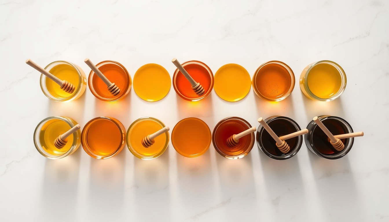 Nine honey varieties in color gradient arc from water-white acacia to near-black buckwheat in backlit glass bowls on marble