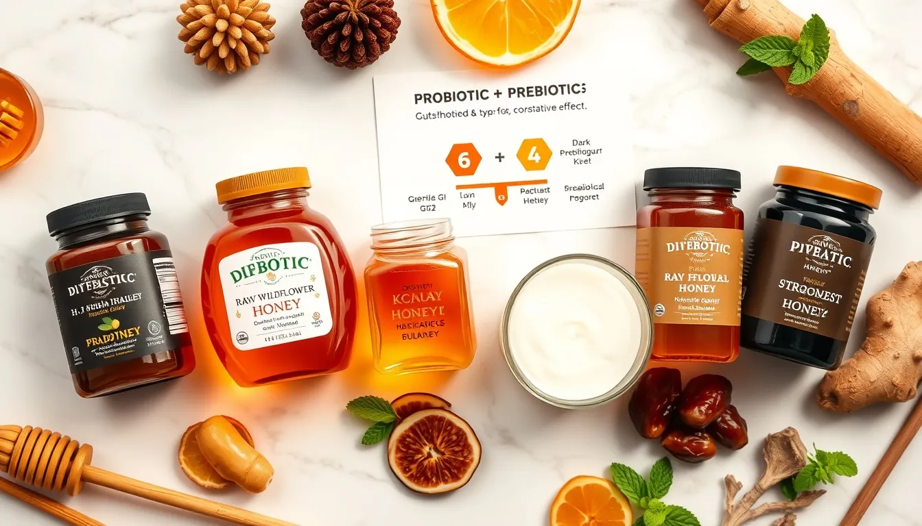 Best honey types for digestive health: Manuka, raw wildflower, acacia, and buckwheat honey jars with companion gut-health foods including kefir, Greek yogurt, dried figs, and ginger on white marble