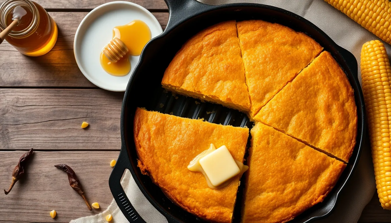 Golden honey cornbread in a seasoned cast iron skillet with one wedge pulled out showing the moist crumb and melting honey butter on top