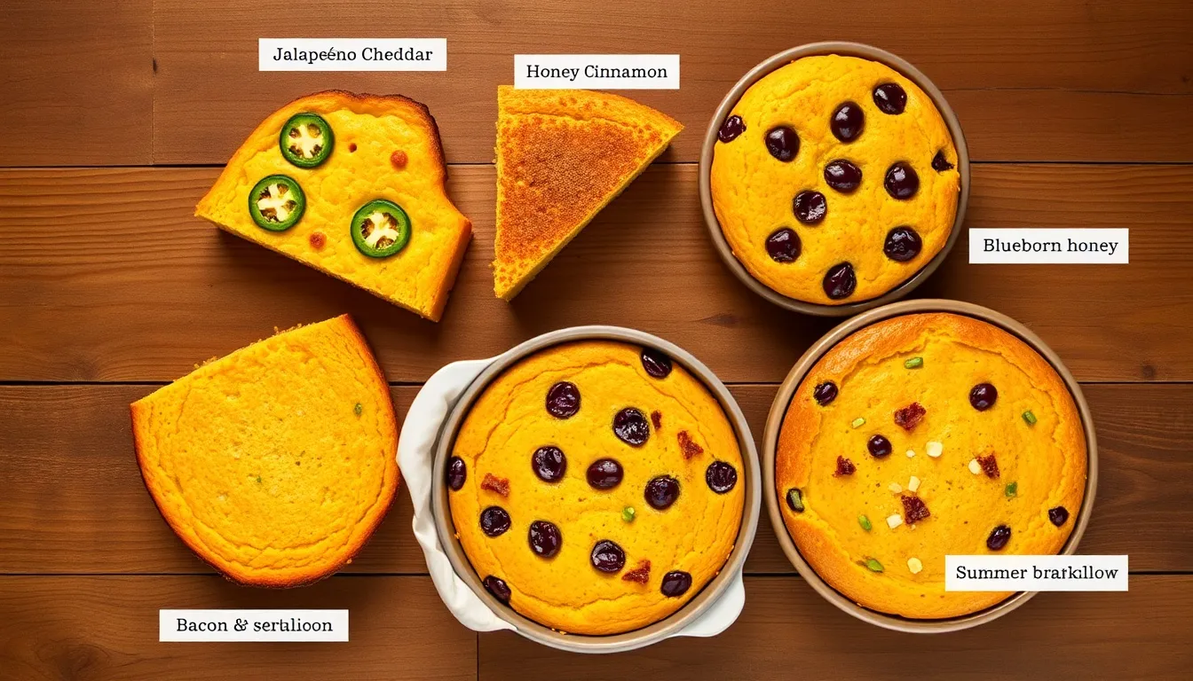 Five honey cornbread variations on rustic wood: jalapeño cheddar, honey cinnamon, blueberry, bacon scallion, and honey muffins