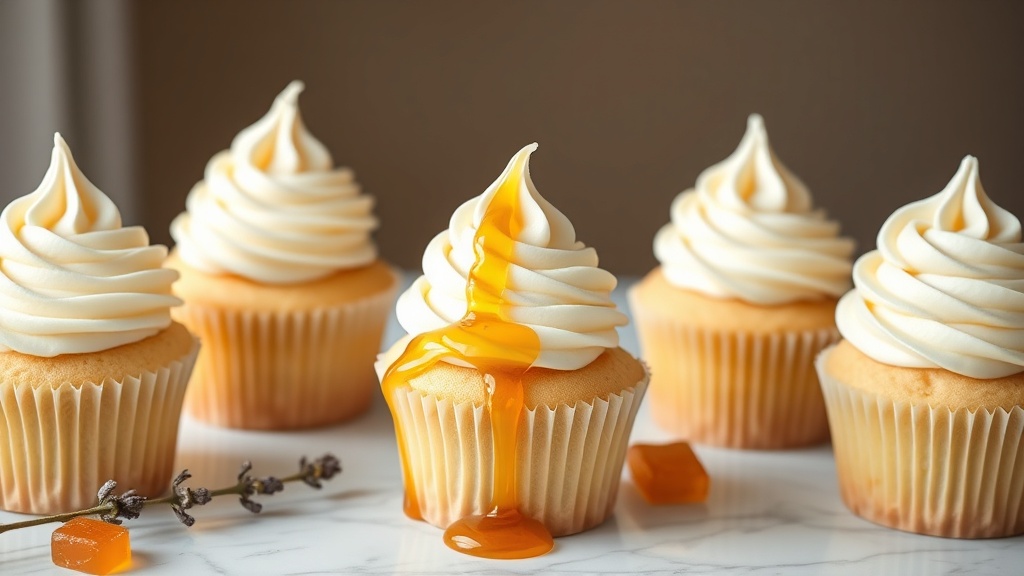 Six honey cream cheese frosted cupcakes with piped swirls and golden honey drizzle, honeycomb and lavender on white marble