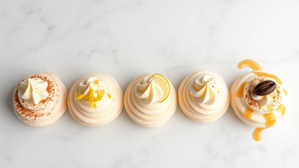 Five honey cream cheese frosting dollops on white marble: cinnamon stick, lemon zest, brown butter, espresso, maple drizzle