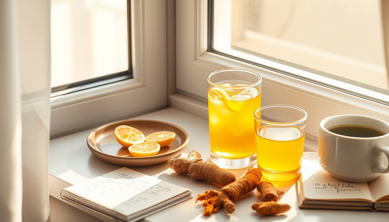 Morning immune health ritual: honey in warm lemon water, sliced ginger, green tea, and fresh turmeric in a sunlit window