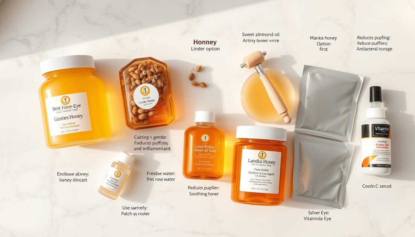 Acacia honey, linden honey, and Manuka UMF 10+ with almond oil, rose water, jade roller, and vitamin C serum on marble vanity