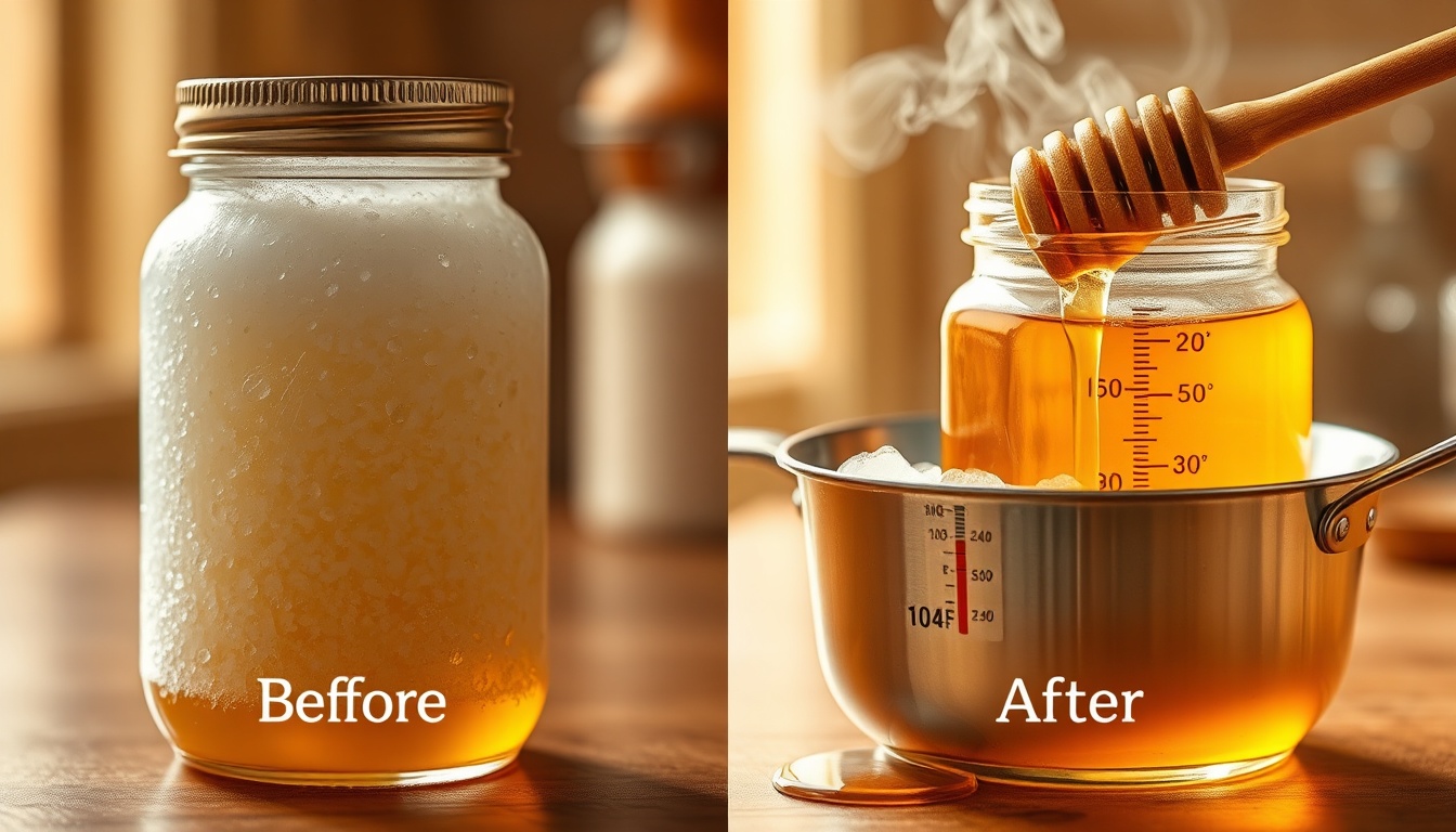 Decrystallization: crystallized honey jar in warm water bath at 104°F to golden liquid, natural reversible process