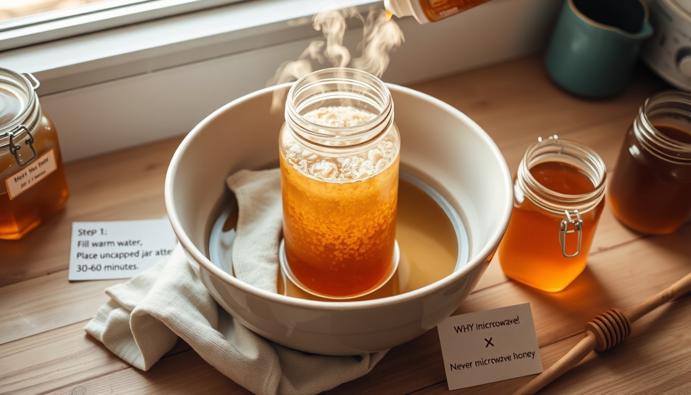 Warm water bath decrystallization method — crystallized honey jar sitting in warm water bowl at 95°F with thermometer and step-by-step instruction card