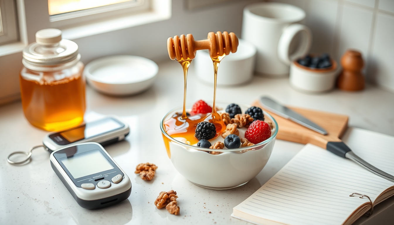 Diabetic-friendly honey serving: measured tablespoon over Greek yogurt with glucose monitor on counter