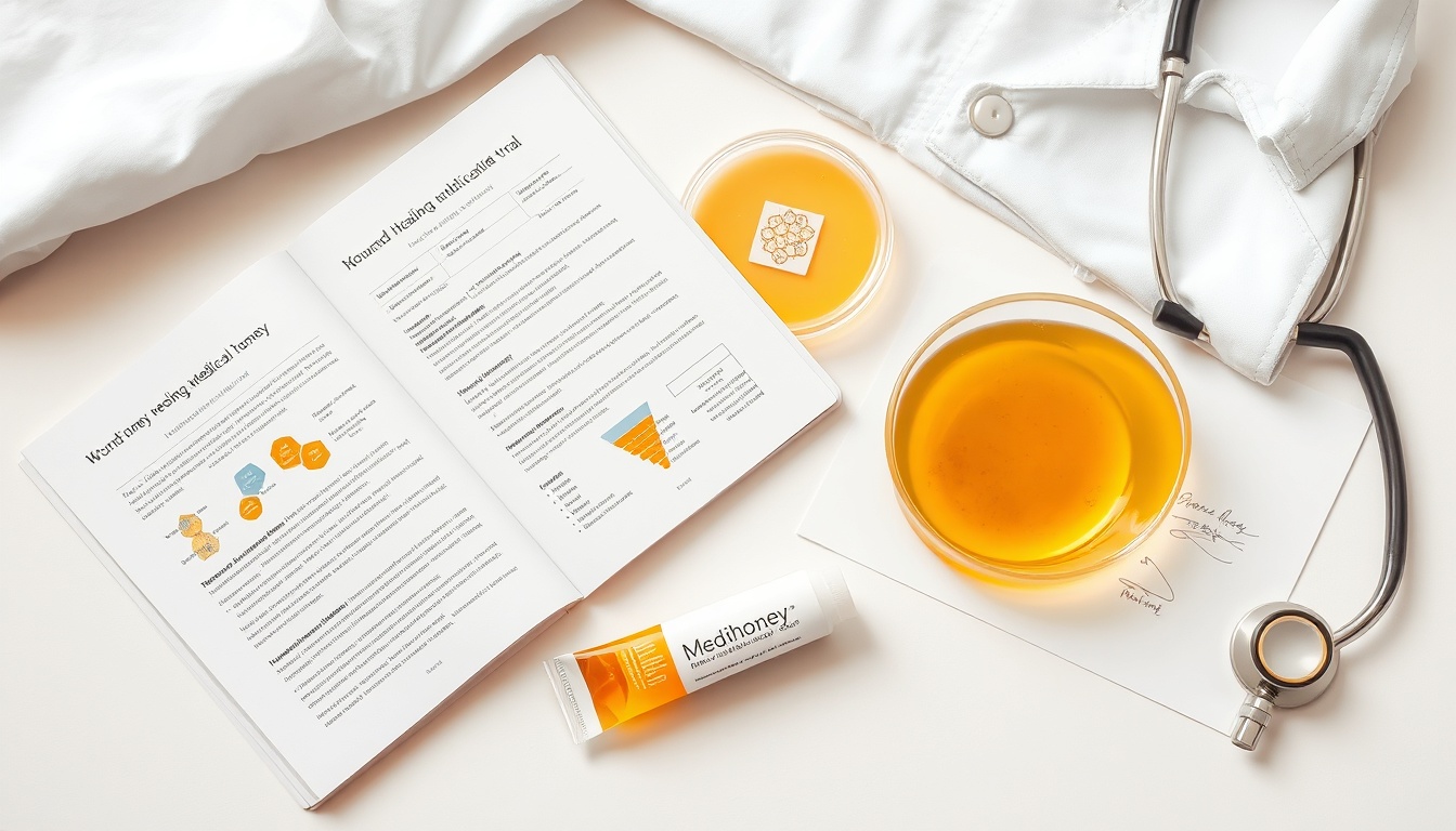 Clinical setting showing medical honey wound dressing application alongside research journals, representing evidence-based wound care for diabetic foot ulcers