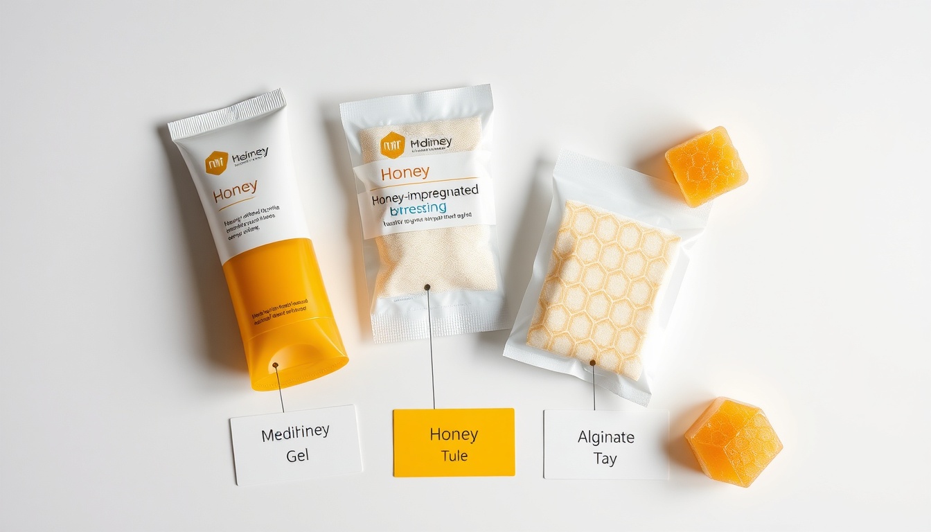 Medical illustration showing different diabetic wound healing stages and appropriate honey dressing types, including Medihoney gel and honey-impregnated tulle dressings on clinical background