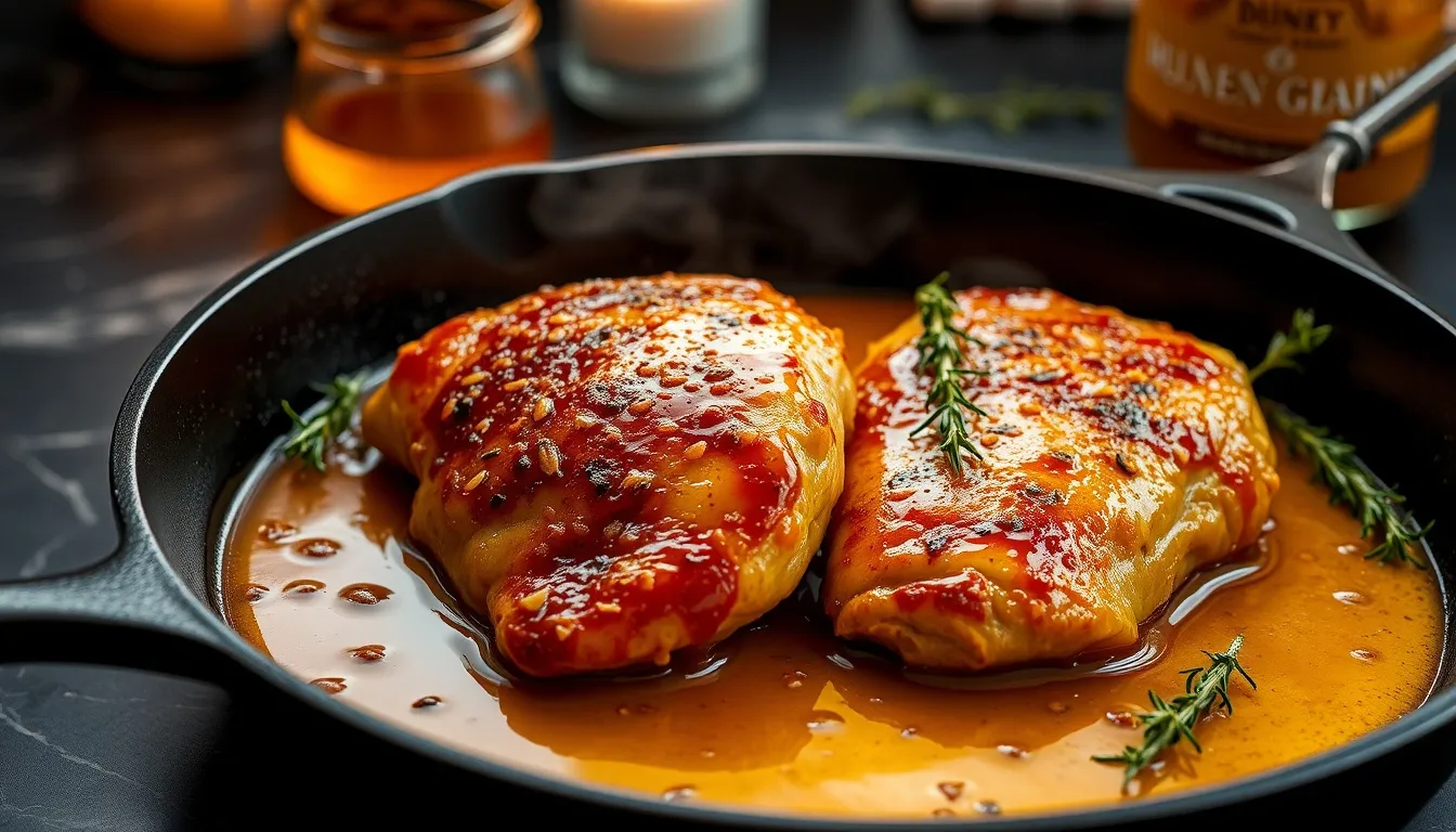 Juicy honey Dijon chicken breasts in a cast iron skillet with glossy caramelized honey Dijon glaze and fresh thyme
