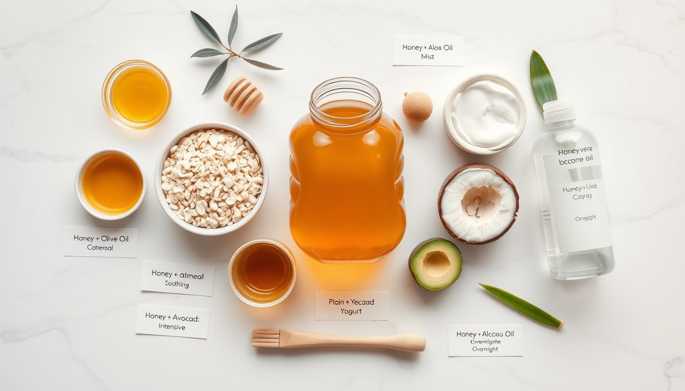 Honey dry skin remedy ingredients flat lay: raw honey with olive oil, oatmeal, avocado, yogurt, coconut oil, and aloe vera in ceramic mixing bowls on white marble