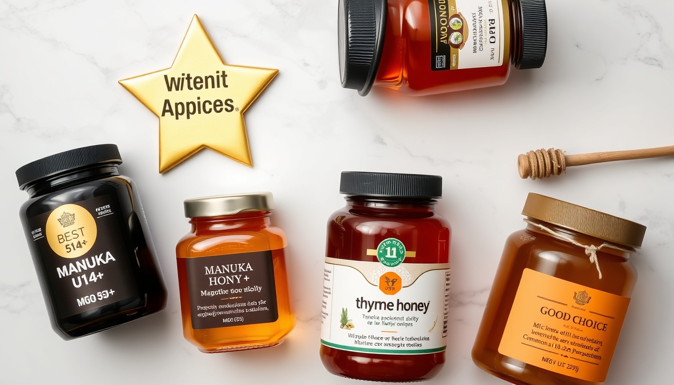Best honey types for ear health ranked — Manuka UMF 20+, Manuka UMF 10+, thyme honey, buckwheat, and raw wildflower with evidence quality badges and important disclaimer on white marble