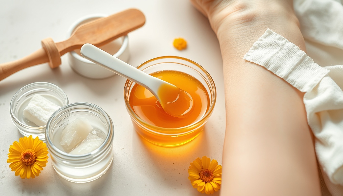 Honey application technique for eczema skin conditions — Manuka honey with cotton gauze, patch test demonstration, and aloe vera companion ingredient for sensitive skin treatment