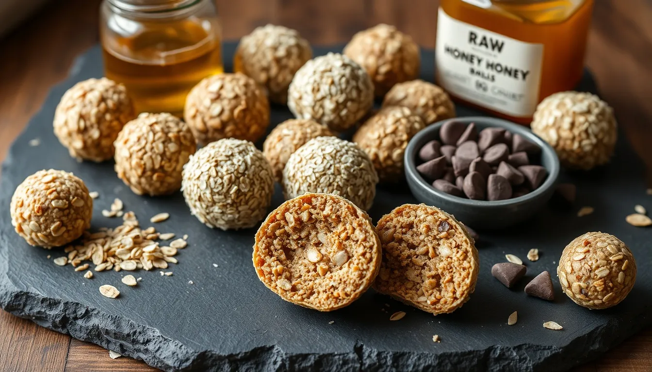 Homemade honey energy balls arranged on a dark slate board, some rolled in toasted coconut with cross-section showing oat interior