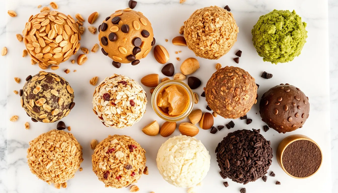 Eight honey energy ball flavor variations including chocolate chip, peanut butter, coconut almond, matcha, lemon poppy seed, and cranberry pistachio