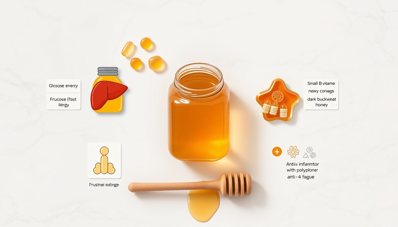 Honey energy mechanisms flat lay showing dual-speed glucose and fructose sugar delivery, liver glycogen replenishment, B-vitamin cofactors, and anti-inflammatory polyphenol compounds on white marble