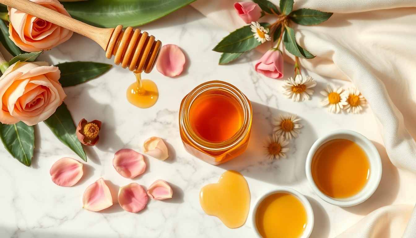 Raw honey jar with dipper, rose petals, aloe vera leaf, and chamomile flowers on marble surface