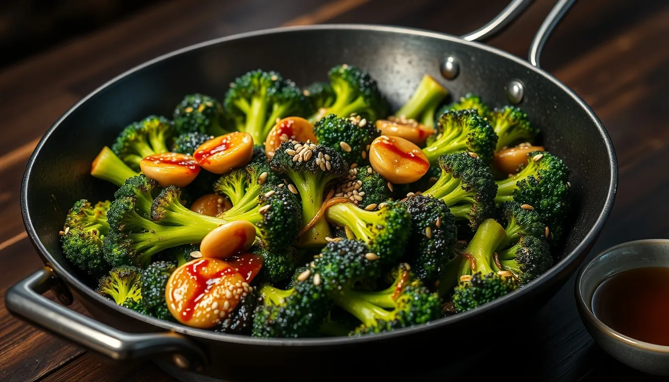 Honey garlic broccoli in wok with bright green charred florets coated in glossy amber glaze and sesame seeds