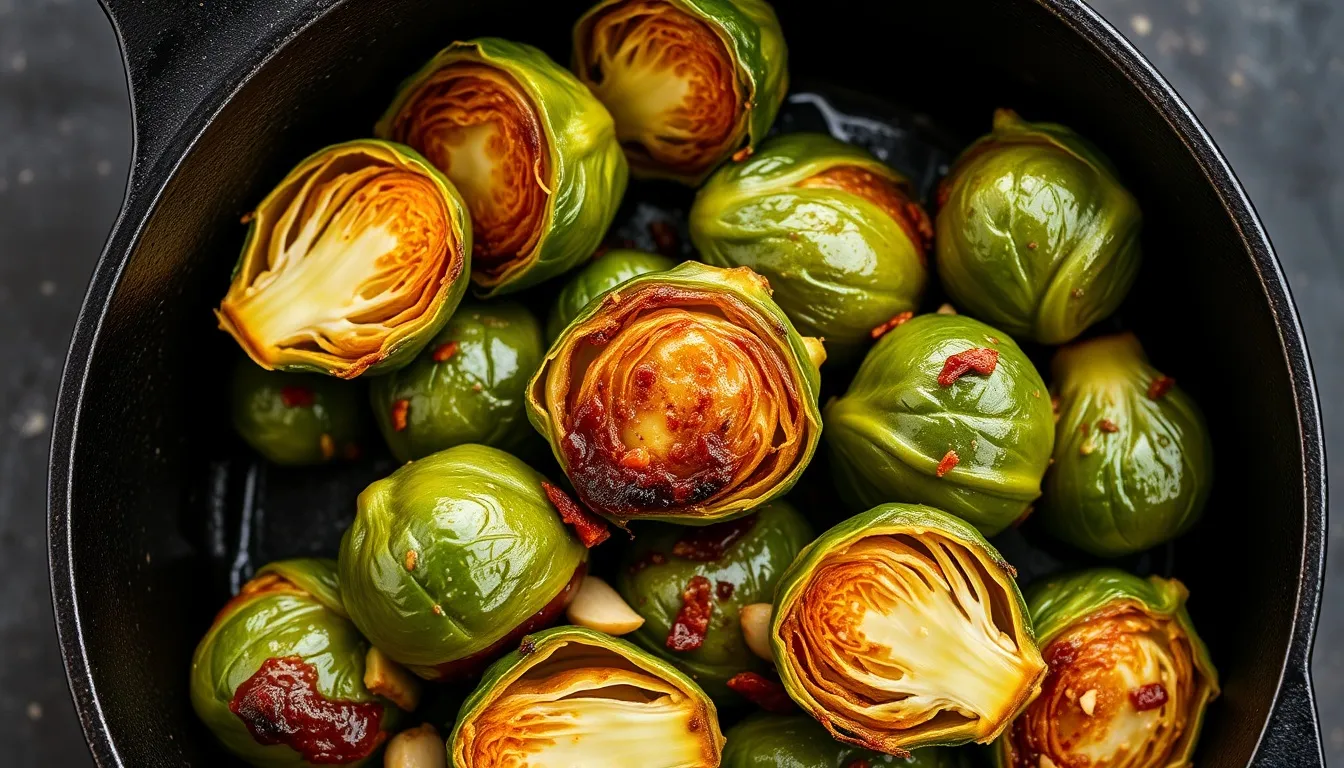 Crispy caramelized honey garlic brussels sprouts in a cast iron skillet — cut-side down with deep mahogany char marks and glossy amber honey garlic glaze