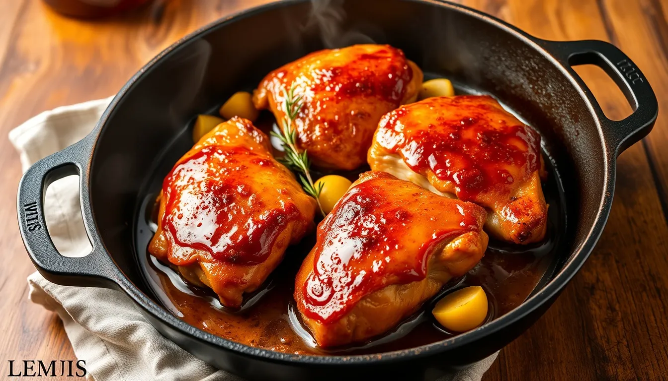 Honey garlic chicken thighs sizzling in cast iron skillet with caramelized amber glaze, whole garlic cloves, and fresh thyme