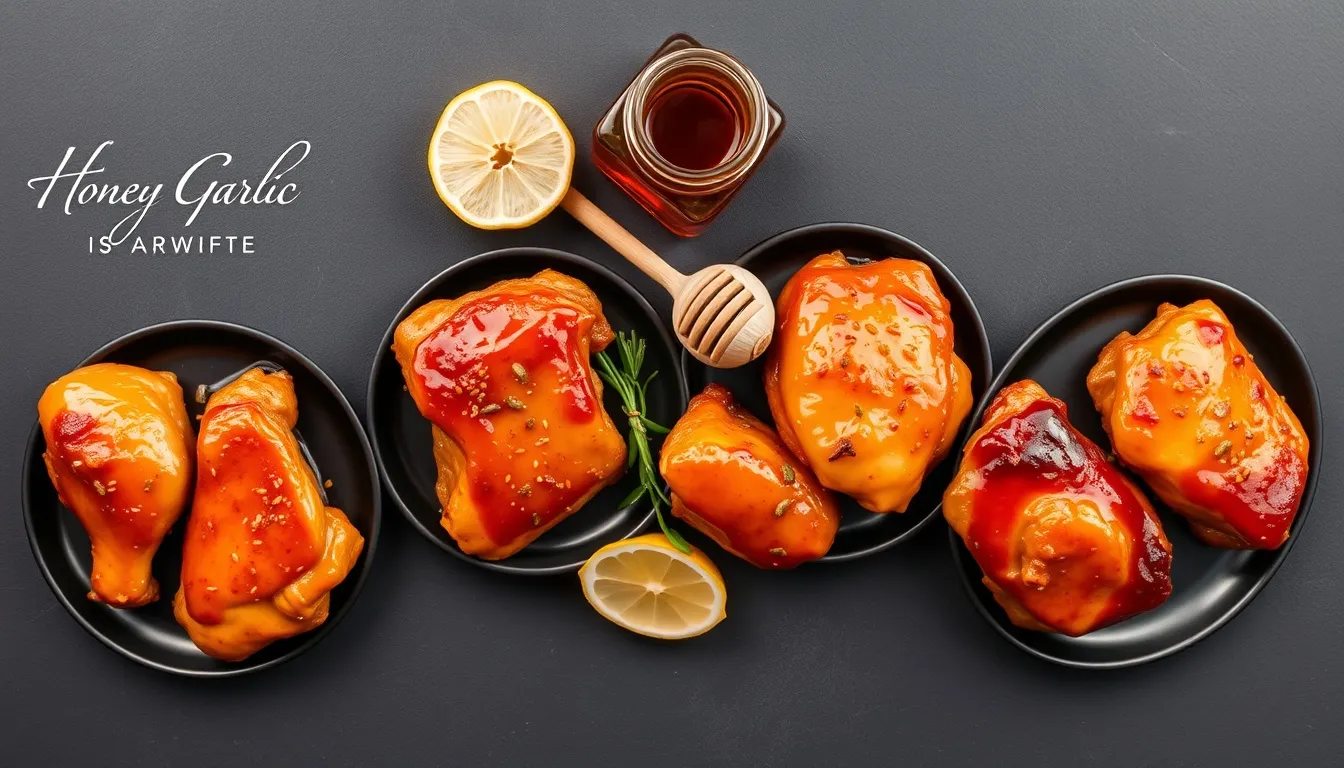Five honey garlic chicken thigh flavor variations on dark plates — classic amber, sriracha, lemon herb, balsamic, and ginger soy