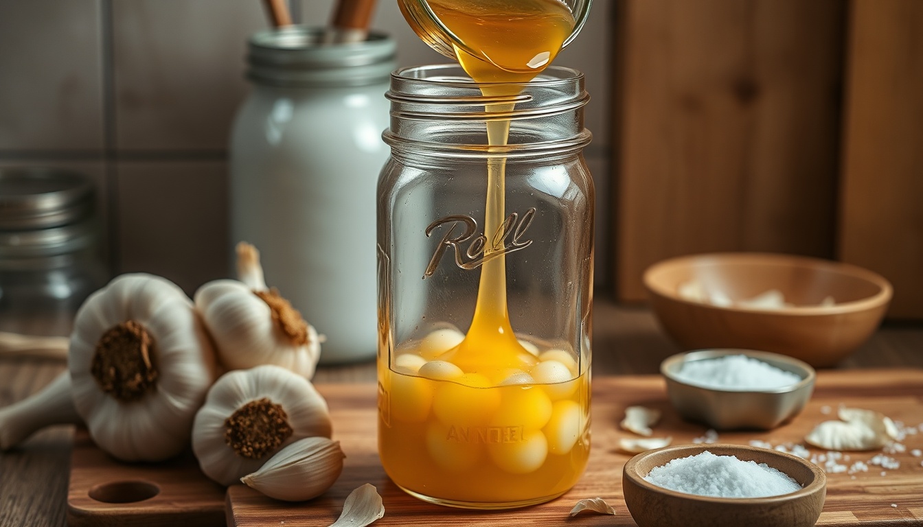 Step-by-step fermented honey garlic making: fresh peeled garlic cloves beside a mason jar with golden raw honey being poured over them, bubbles beginning to form