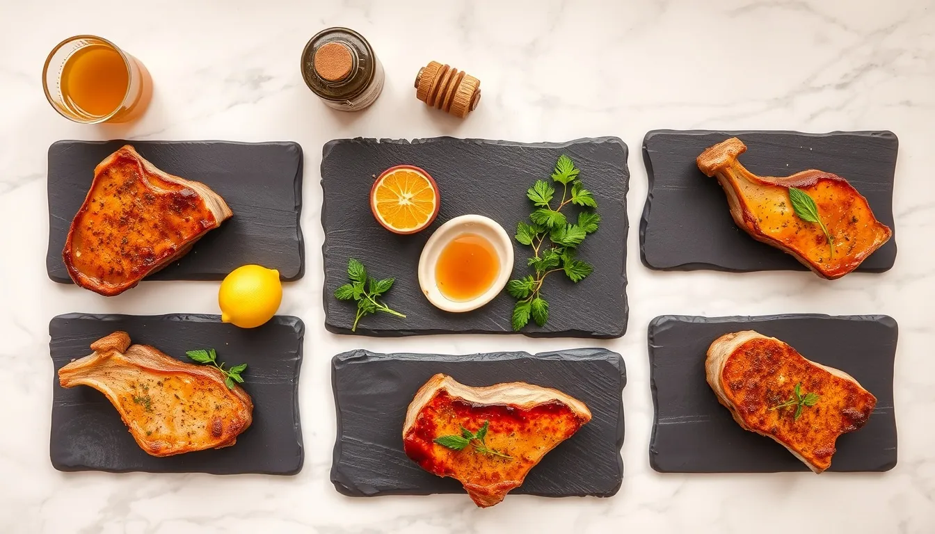Five honey garlic lamb chop flavor variations on dark slate boards — rosemary Dijon, balsamic, mint, spicy, and Mediterranean
