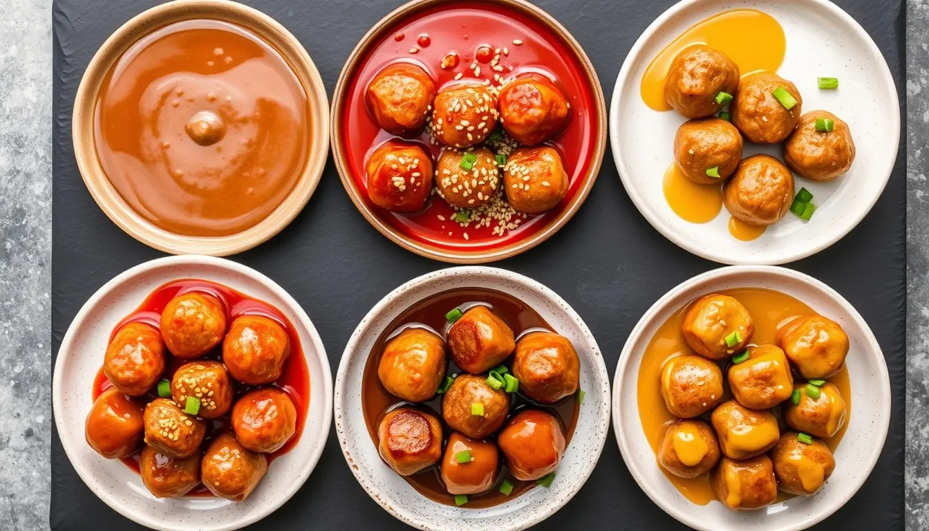 Five honey garlic meatball flavor variations on dark ceramic plates — classic amber, Korean gochujang red, honey sriracha, teriyaki, and honey mustard