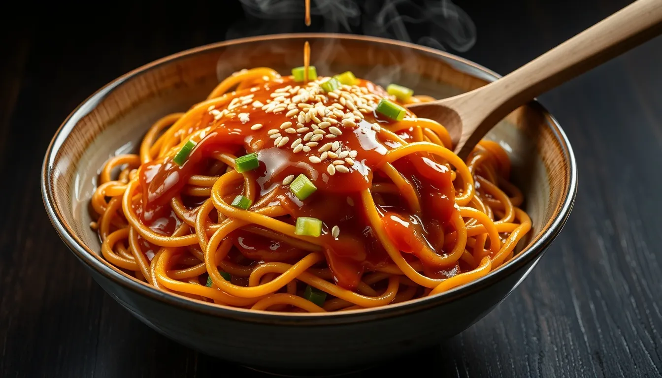 Bowl of glossy honey garlic noodles perfectly coated in amber sauce, topped with sesame seeds and sliced scallions on a dark wooden surface