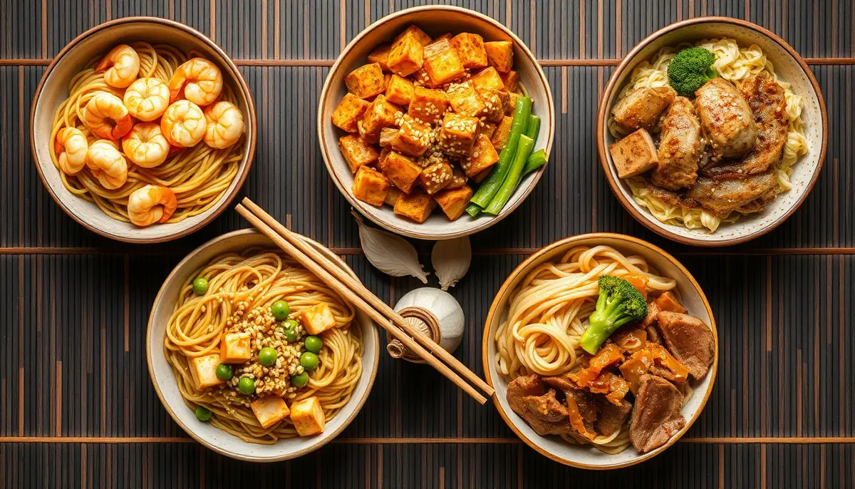Four honey garlic noodle variation bowls with different proteins: shrimp, chicken, tofu, and beef with broccoli, arranged on a dark bamboo surface