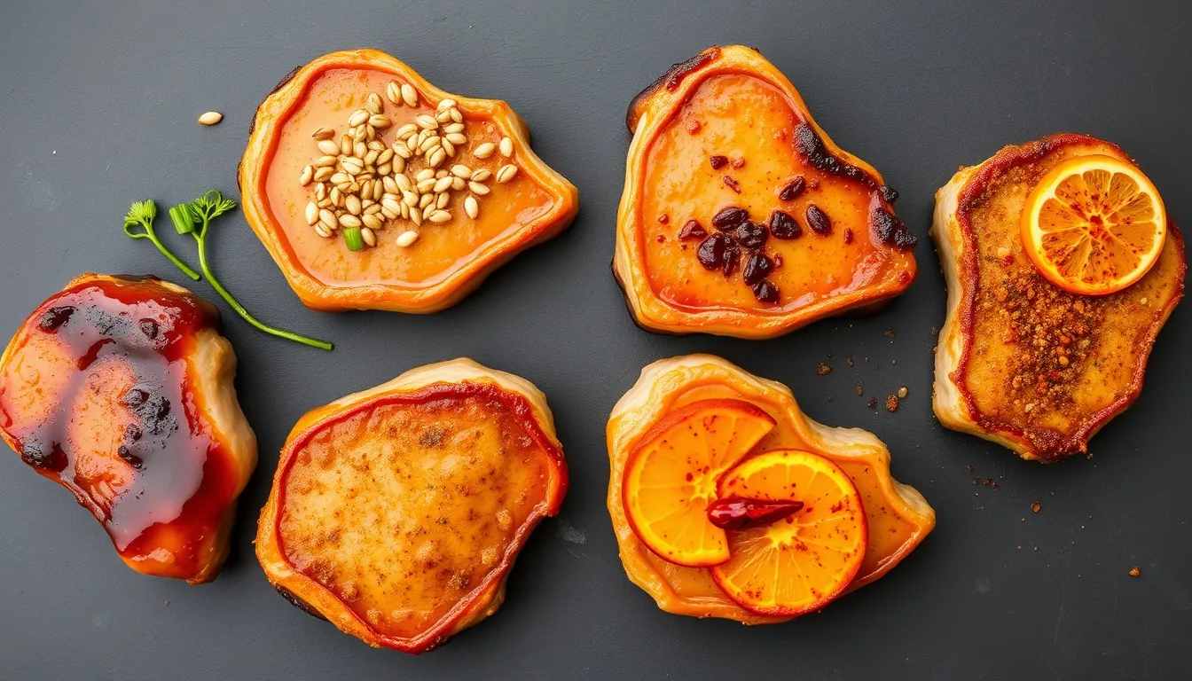 Five honey garlic pork chop flavor variations on dark slate — sesame ginger, bourbon honey, honey mustard, citrus honey, and spicy honey garlic — each showing a distinct glaze and garnish