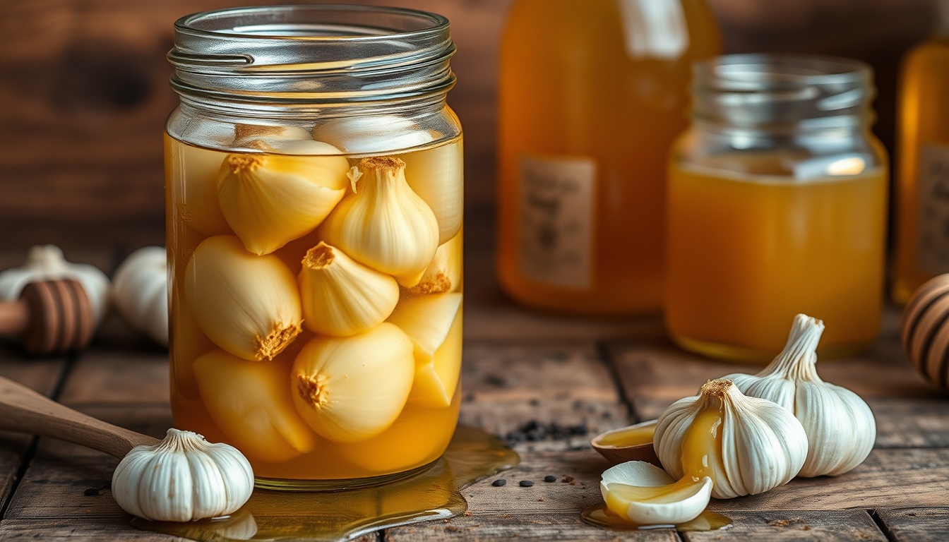 Wide-mouth mason jar of fermented honey garlic — whole cloves submerged in golden raw honey with active fermentation bubbles