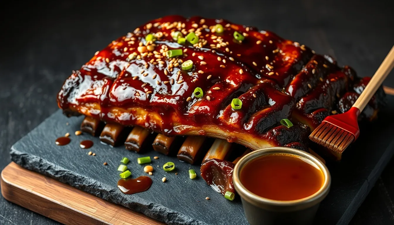 A full rack of honey garlic glazed baby back ribs with mahogany lacquered glaze, sesame seeds, and green onions on a dark slate board