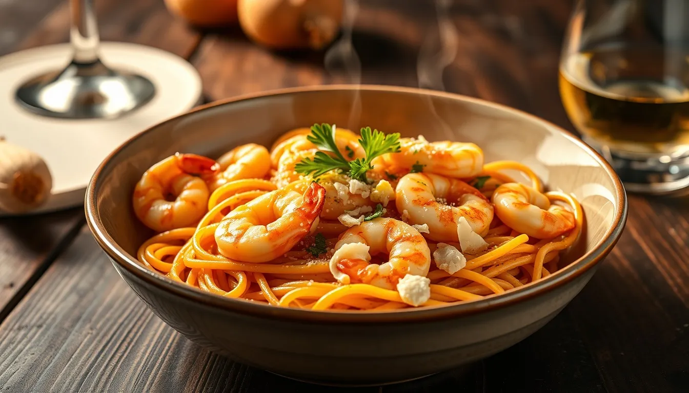 Honey garlic shrimp pasta in a wide ceramic bowl with plump pink shrimp over linguine coated in glossy amber sauce, parmesan, and fresh parsley