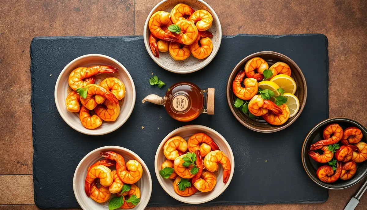 Five honey garlic shrimp flavor variations including sesame-ginger, spicy sriracha, and coconut-lime