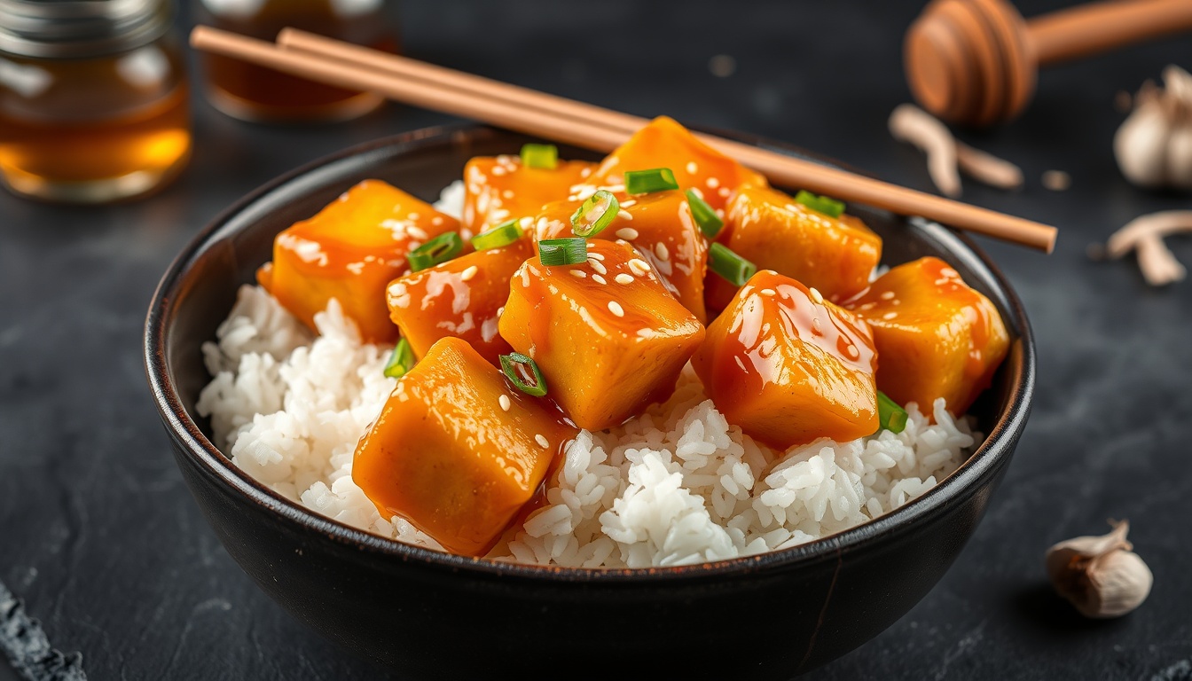 Crispy golden tofu cubes coated in glossy amber honey garlic sauce served over jasmine rice with sesame seeds and green onions