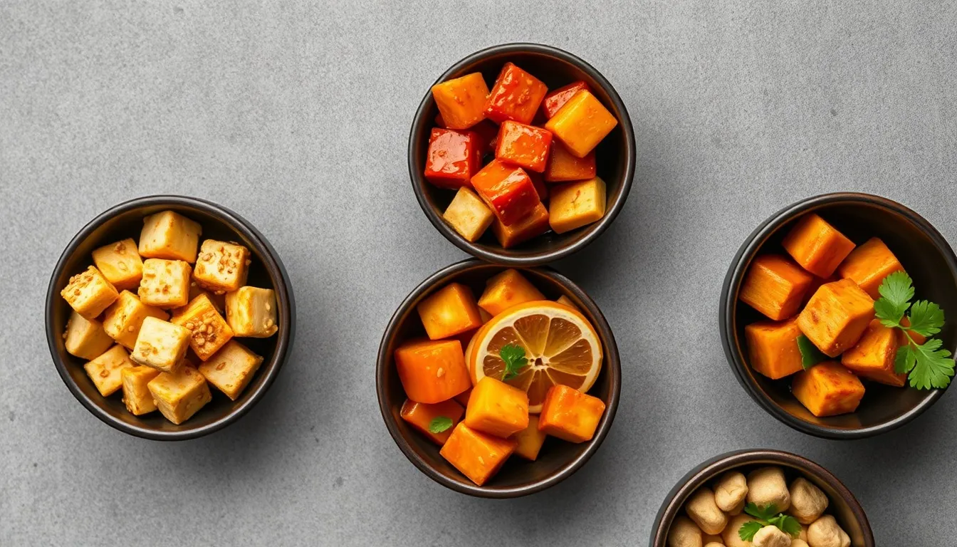 Five honey garlic tofu flavor variations in dark ceramic bowls — sesame ginger, spicy sriracha, orange honey, teriyaki, and peanut honey