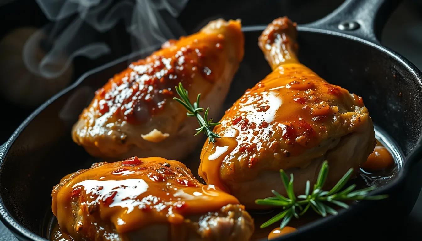 Roasted chicken thighs with caramelized honey-garlic glaze in a cast iron skillet, steam rising with fresh herb garnish