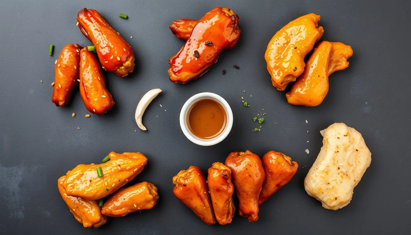 Five honey garlic wing glaze variations arranged on dark slate: classic amber, spicy buffalo red, lemon-pepper gold, ginger-soy teriyaki, and parmesan honey