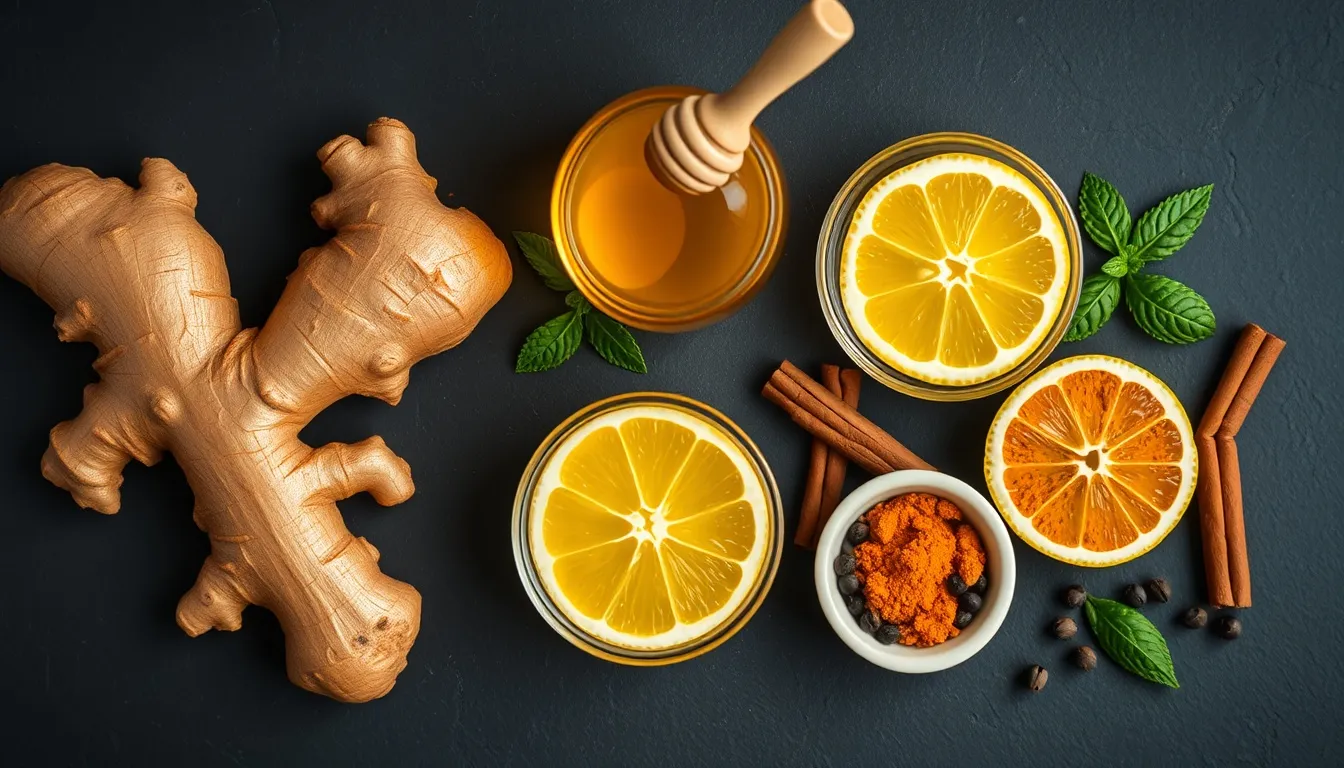Fresh ginger root, golden honey, lemon, turmeric, cinnamon sticks, and black pepper — the key ingredients for honey and ginger wellness recipes