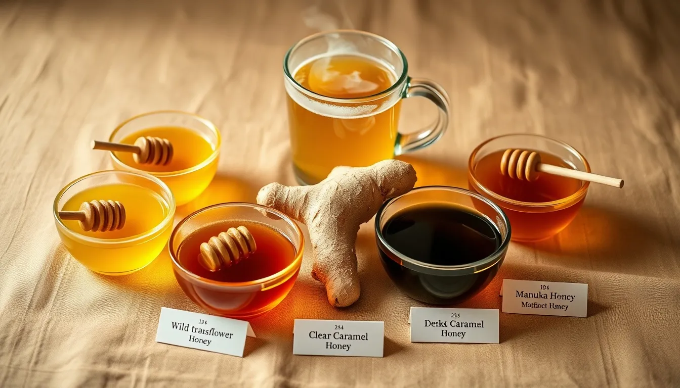 Five best honey varieties for ginger tea arranged on linen with a steaming mug — wildflower, acacia, clover, buckwheat, and Manuka