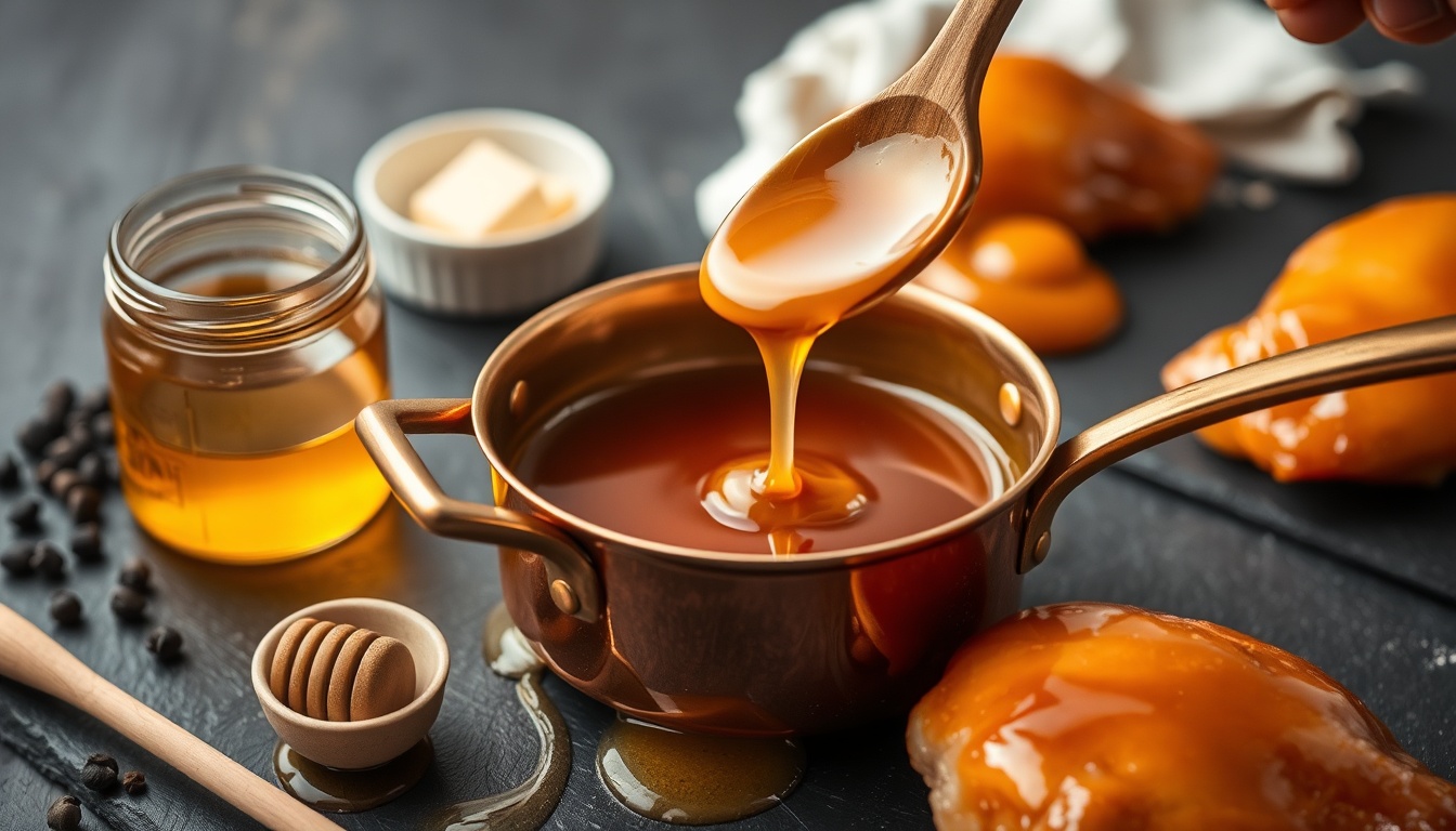 Classic honey glaze simmering in a copper saucepan with a wooden spoon drizzling glossy amber glaze, surrounded by a honey jar, butter, and vinegar on a dark slate surface
