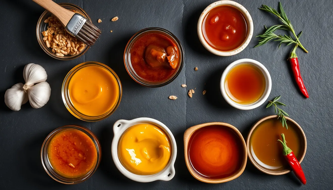 Six honey glaze variations in small glass ramekins on a dark slate surface — honey garlic, soy-ginger, honey mustard, balsamic honey, spicy honey, and herb honey glazes