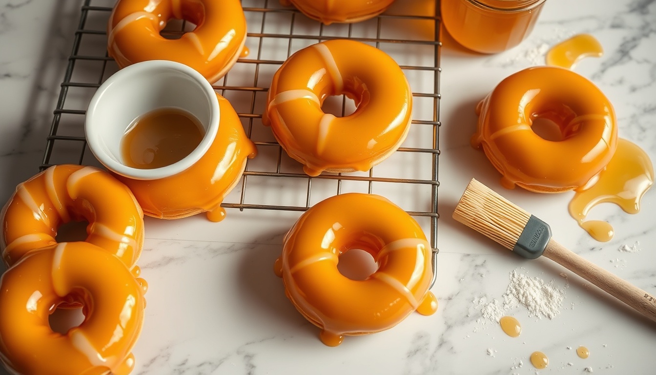 Freshly baked honey glazed donuts on a cooling rack with glossy amber honey glaze and a jar of raw honey alongside
