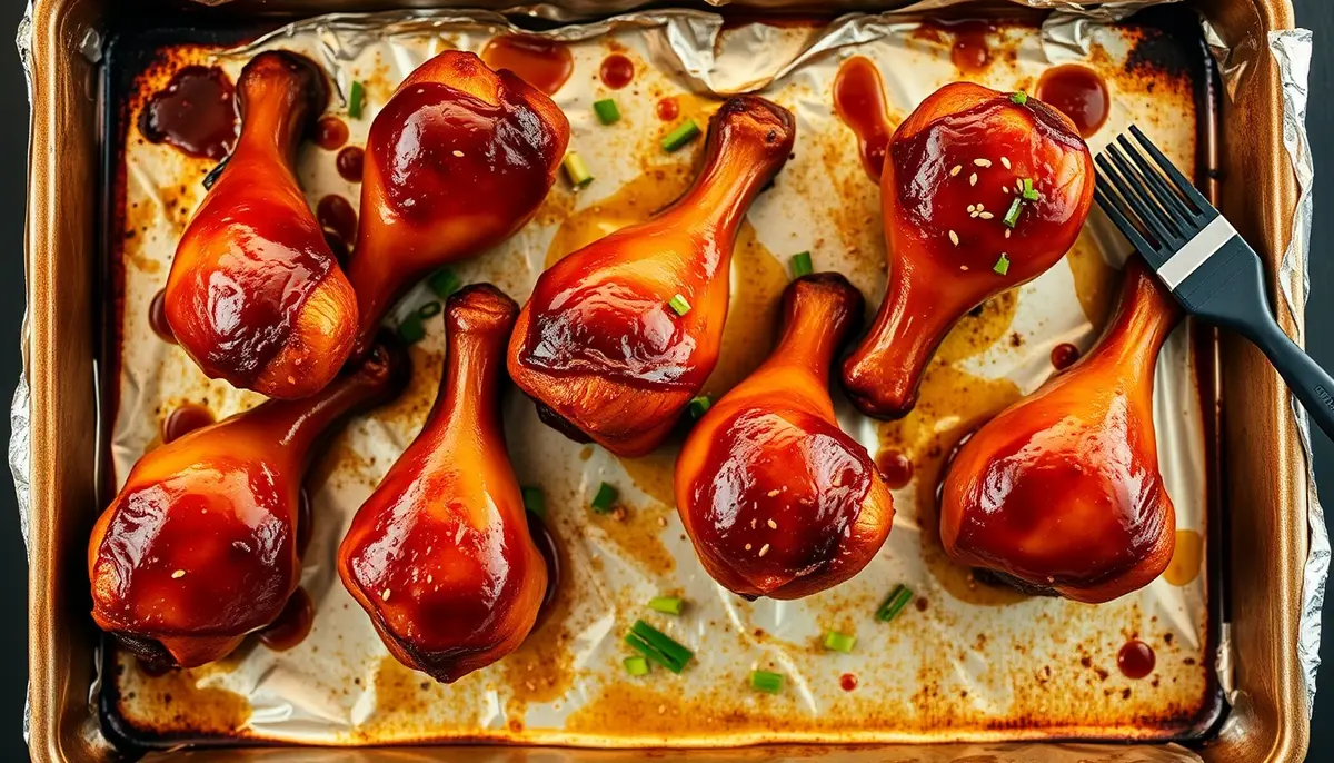 Eight honey glazed chicken drumsticks fresh from the oven with deeply caramelized sticky amber lacquered skin, sesame seeds, and scallion garnish