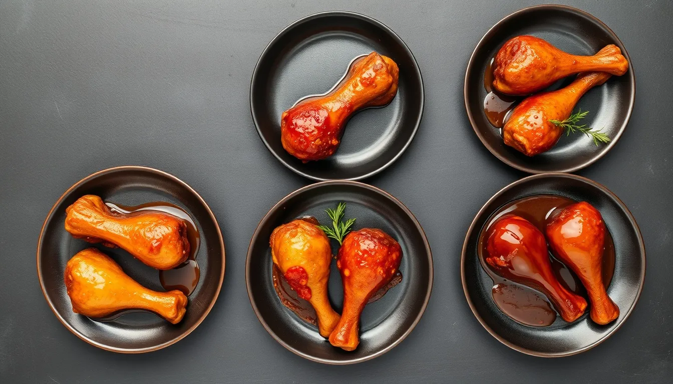 Five honey glazed chicken drumstick flavor variations on dark ceramic plates — classic honey soy, honey garlic butter, honey sriracha, honey lemon herb, and honey BBQ