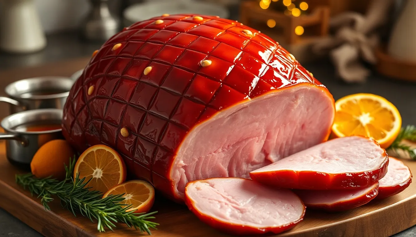 Spectacular honey glazed ham with deep amber lacquered crust in diamond score pattern, whole cloves studded at intersections, on a rustic wooden carving board with rosemary and orange slices