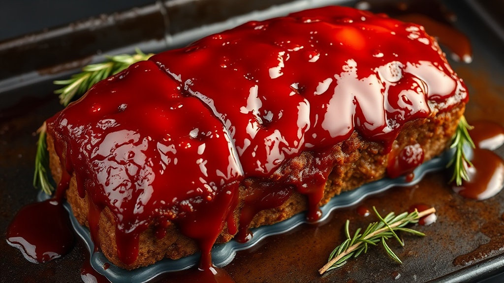 Honey glazed meatloaf free-form on a dark baking sheet with sticky caramelized honey-ketchup glaze coating all sides