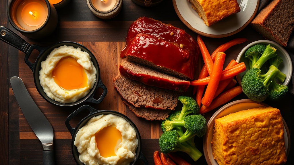 Honey glazed meatloaf slice surrounded by classic comfort sides: mashed potatoes, honey roasted carrots, steamed broccoli, and honey cornbread